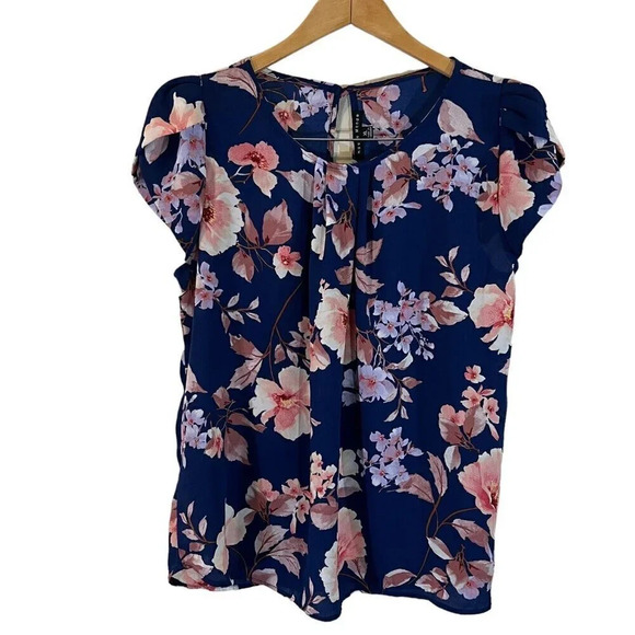 Haute Monde Floral Blouse XL Sheer Petal Sleeves Chiffon Pleated Keyhole Back - Picture 1 of 9
